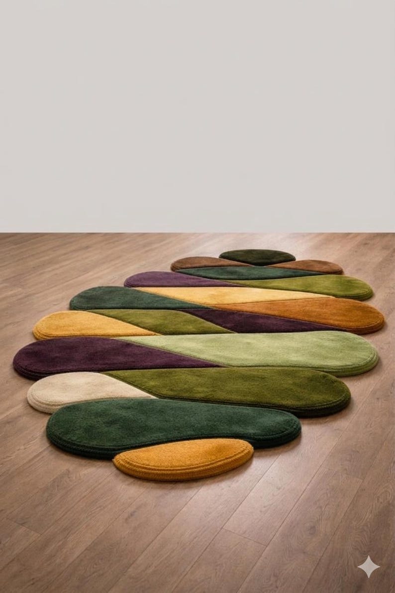 May include: A collection of oval-shaped rugs in various colors, including green, yellow, purple, and brown. The rugs are arranged in a flowing, layered pattern on a wooden floor, creating a modern and artistic design. The rugs vary in size.