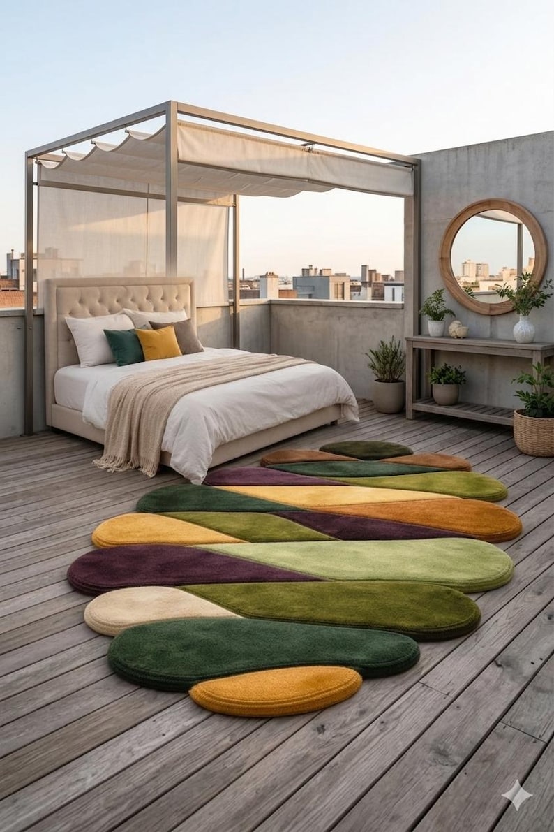 May include: An outdoor bedroom scene with a bed, pillows, and a patterned rug. The rug features a series of colorful, elongated shapes in shades of green, yellow, purple, and brown. The bed has a beige headboard and is covered with white linens.