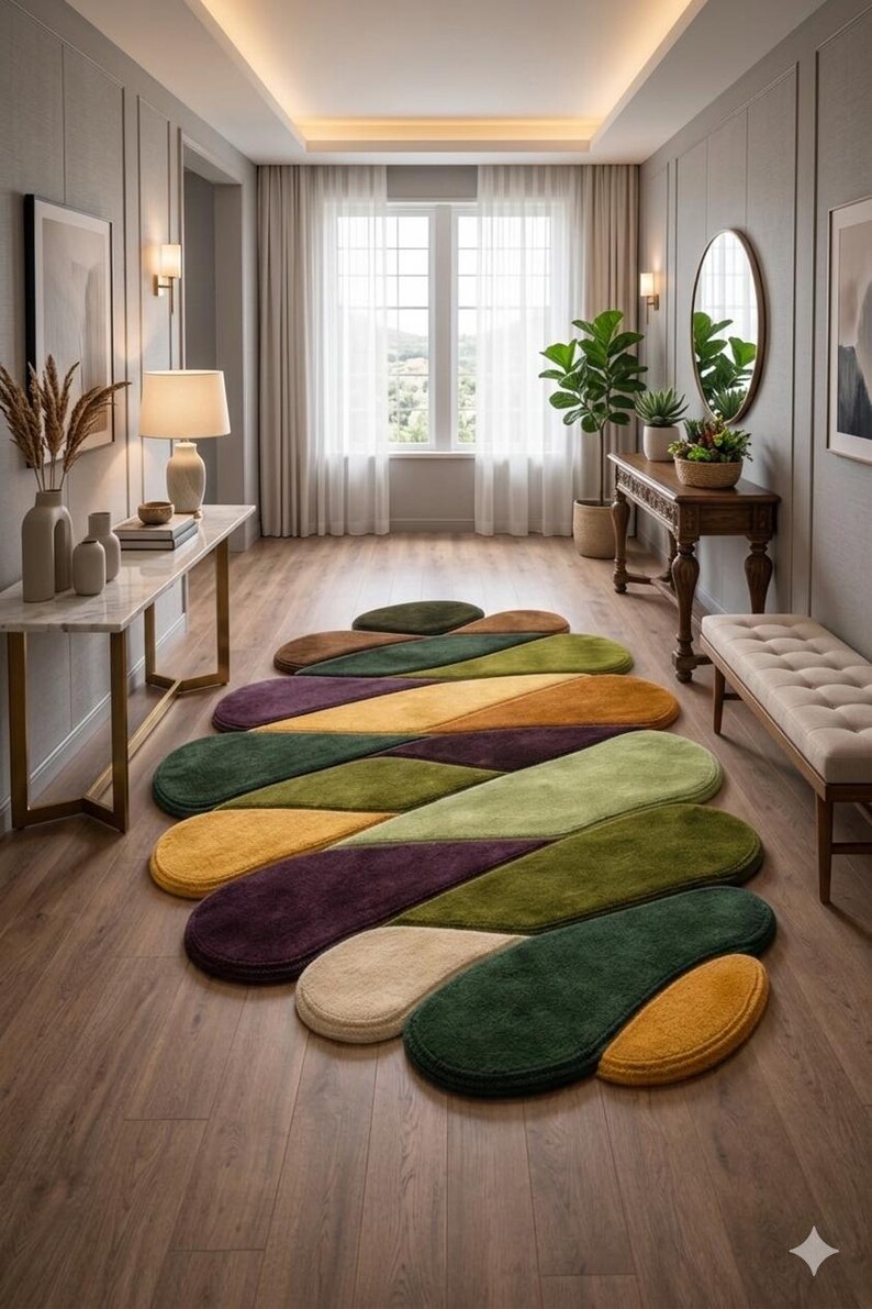 May include: A colorful, abstract area rug with a leaf-like design. The rug features sections of green, yellow, purple, and beige. The rug is placed on a hardwood floor in a well-lit hallway.
