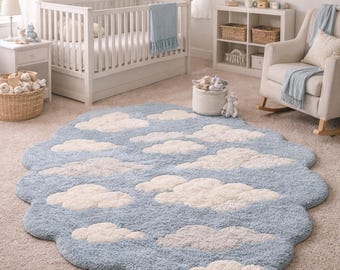 Dreamy Cloud Rug for Kids Room, Tufted Nursery Rug, Soft Blue Cloud Carpet, Baby Room Decor Rug, Handmade Plush Area Rug, Cloud Shape Rug