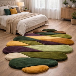 May include: A colorful, modern rug set in a bedroom setting. The rugs are in various oval shapes and feature a patchwork design with shades of green, yellow, purple, and brown. The bedroom has a bed, nightstand, and dresser.