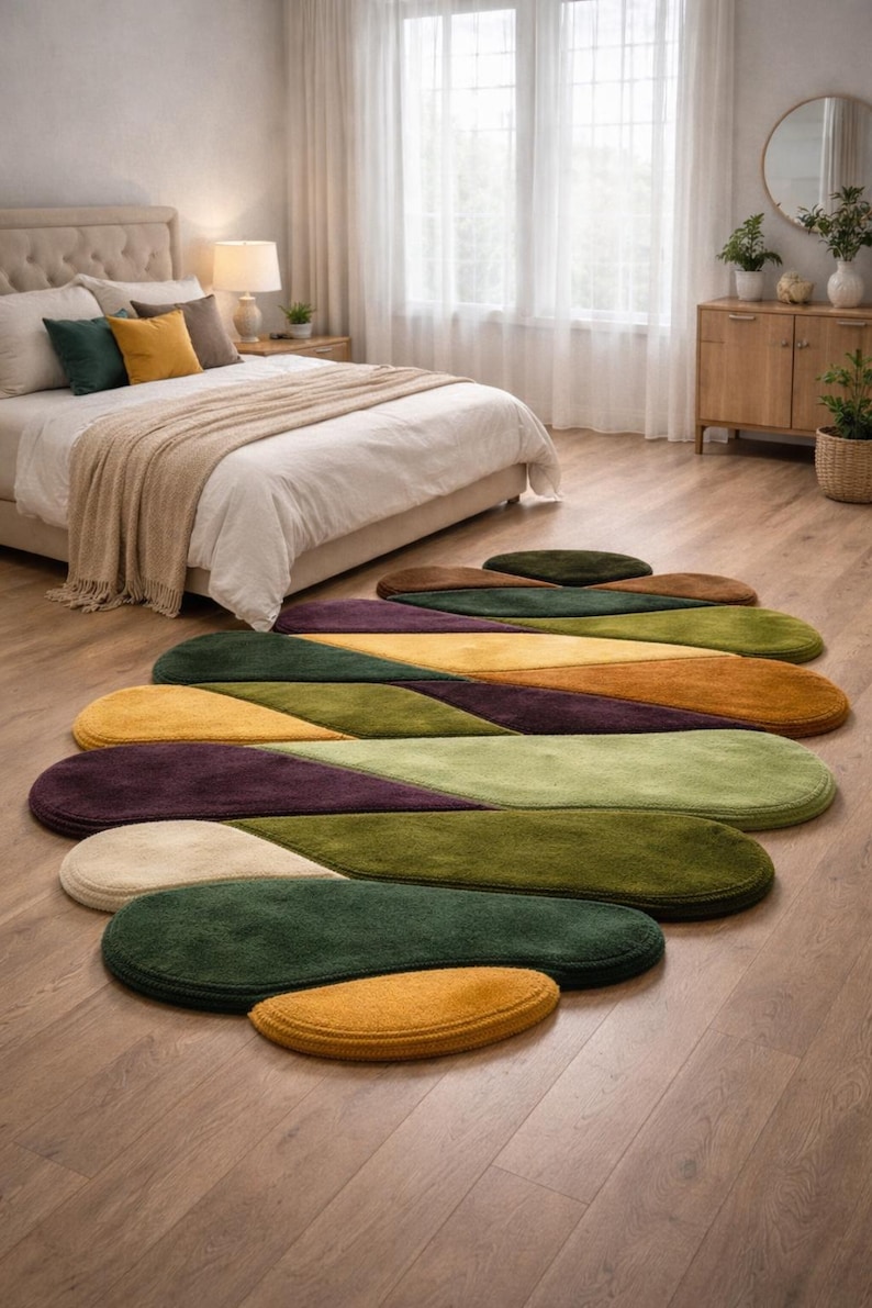 May include: A colorful, modern rug set in a bedroom setting. The rugs are in various oval shapes and feature a patchwork design with shades of green, yellow, purple, and brown. The bedroom has a bed, nightstand, and dresser.