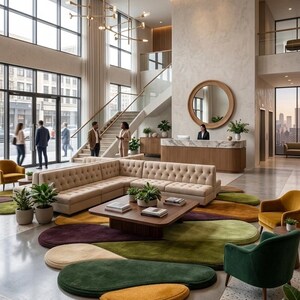 May include: A modern lobby with a large beige sectional sofa, a dark wood coffee table, and colorful area rugs. The space features large windows, a staircase, and a reception desk with a round mirror. Gold light fixtures and potted plants add to the decor.