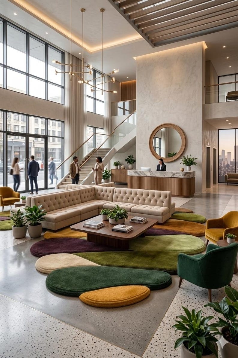 May include: A modern lobby with a large beige sectional sofa, a dark wood coffee table, and colorful area rugs. The space features large windows, a staircase, and a reception desk with a round mirror. Gold light fixtures and potted plants add to the decor.