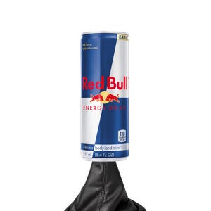 May include: A Red Bull energy drink can with a blue and white design. The can features the Red Bull logo and the text "ENERGY DRINK". It contains 250 ml (8.4 FL OZ) and 110 calories per can.
