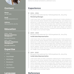 May include: A professional resume template featuring a headshot, contact information, education, expertise, and work experience. The resume is designed with a clean, modern layout, and includes sections for UI/UX, visual design, and other skills.
