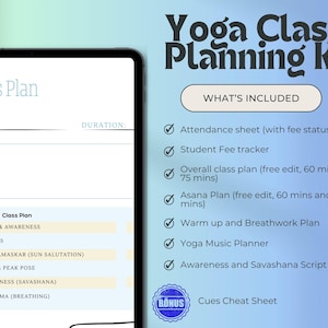 May include: A digital Yoga Class Planning Kit displayed on a tablet. The kit includes an attendance sheet, student fee tracker, class plan, asana plan, warm-up plan, music planner, and a cues cheat sheet. The background is a gradient of blue and green.