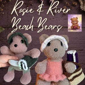 May include: Two crocheted plush bears, Rosie and River, featuring fuzzy textures. One bear wears a dark green visor and holds a green mat. The other bear wears a pink dress, a white visor, and carries a brown, white, and purple striped tote bag.