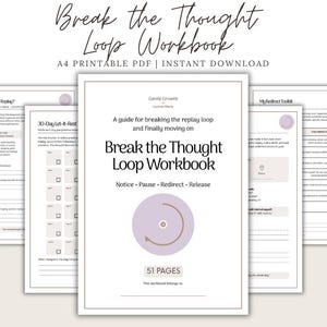 Op de afbeelding: Een 51 pagina's tellend A4-werkboek om af te drukken, getiteld Break the Thought Loop Workbook, met een gids voor het doorbreken van denkpatronen, reflectiesecties, een 30-dagen tracker en een redirect-toolkit in een heldere lay-out.