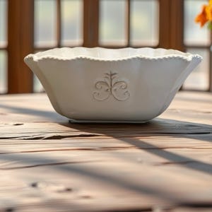 Op de afbeelding: Een witte keramische kom met een geschulpte rand en een reli&euml;f ontwerp. De kom heeft een vierkante vorm met licht uitlopende zijkanten. De kom staat op een houten tafel.