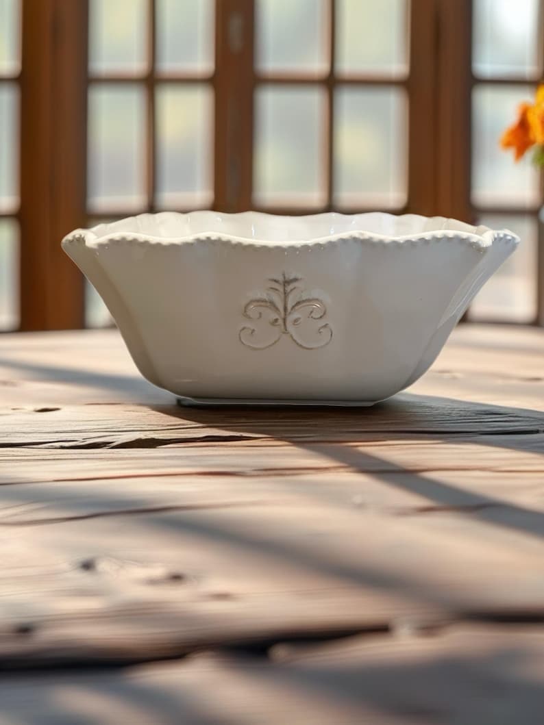 Op de afbeelding: Een witte keramische kom met een geschulpte rand en een reli&euml;f ontwerp. De kom heeft een vierkante vorm met licht uitlopende zijkanten. De kom staat op een houten tafel.