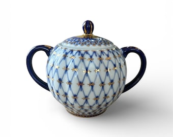 Vintage Lomonosov Imperial Porcelain Cobalt Net Sugar Bowl