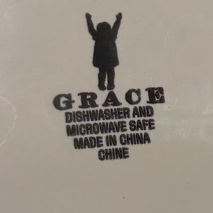 Op de afbeelding: Een wit keramisch oppervlak met het woord "GRACE" in vette, zwarte letters. Onder het woord "GRACE" staan de woorden "DISHWASHER AND MICROWAVE SAFE MADE IN CHINA". Een silhouet van een persoon met opgeheven armen staat boven het woord "GRACE".