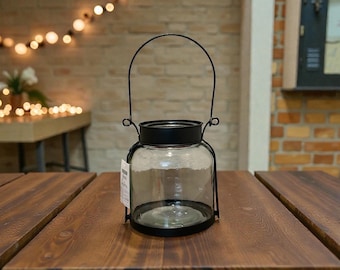 Black Metal Sides & Glass Hurricane Candle Holder or Vase, 8” Tall Hurricane