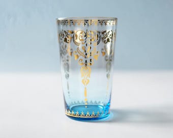 Anthropologie Palace Trellis Glass Blue & Gold Moroccan  12oz Tumbler