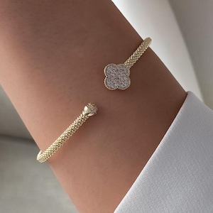 Gold Clover Pave Cuff Bracelet, Dainty Adjustable Bangle, Minimalist Jewelry