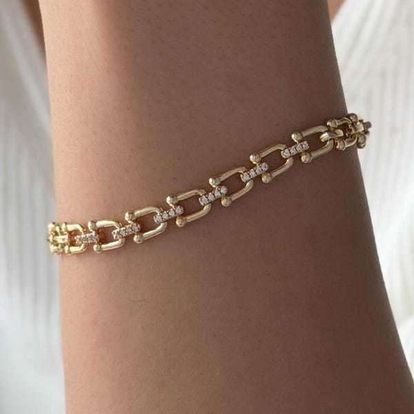 Goldkettenarmband, zierliches Armband mit Zirkonia-Pavé, Schmuckgeschenk
