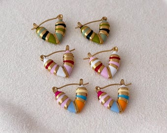 Colorful  Enamel Hoop Earrings, Gold multi-color earrings, Summer Style Jewelry