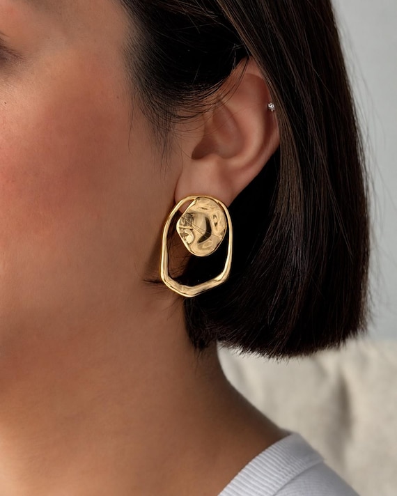 Gold Double Circle Drop Earrings, Bold Statement Earrings, Gold Plated Fashion Earrings