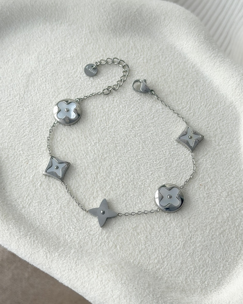 Gold Over Stainless Steel Clover Bracelet with Mother of Pearl, Everyday Minimalist Jewelry image 3