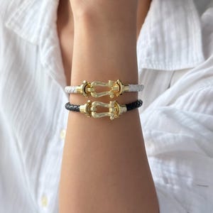 Gold Horseshoe Bracelet, Leather Bangle Bracelet, Colorful Braided Leather Bracelet, Gold Buckle Bracelet