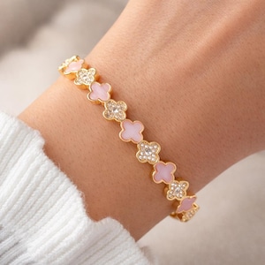Gold Clover Bangle Bracelet, Cubic Zirconia & Pink Mother of Pearl, Everyday Jewelry