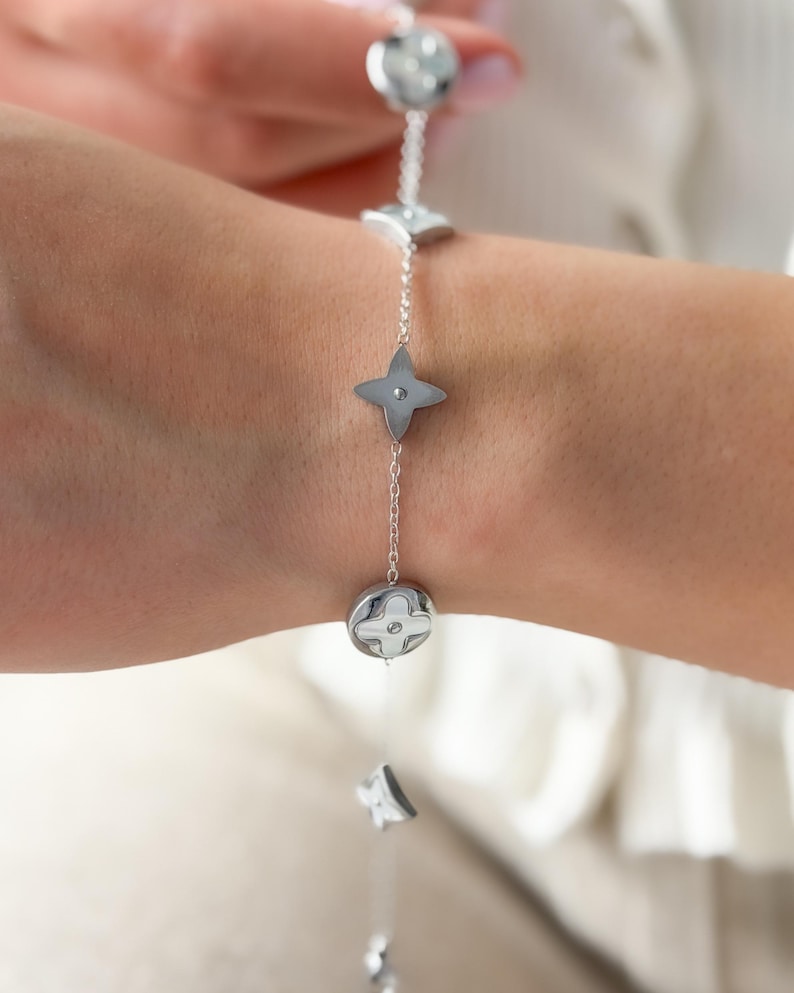 Gold Over Stainless Steel Clover Bracelet with Mother of Pearl, Everyday Minimalist Jewelry image 8