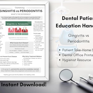 May include: A framed dental patient education handout titled "Gingivitis vs Periodontitis." The white document includes text and diagrams explaining gum disease, prevention, and treatment. The words "Instant Download!" are at the bottom.