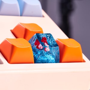May include: A close-up of a mechanical keyboard with orange and blue keycaps. A custom keycap shows a miniature underwater scene with red and white fish in blue water.