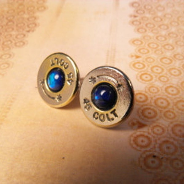 Bullet earrings nickel silver and blue paua shell post earrings