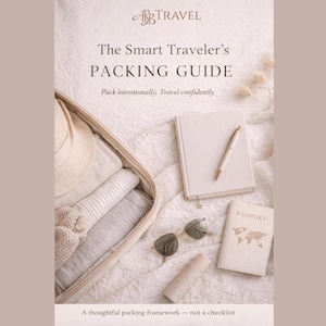 Puede incluir: Una composición plana con una maleta, sombrero, ropa, cuaderno con bolígrafo, gafas de sol, pasaporte y tubo de loción. El texto dice "The Smart Traveler's PACKING GUIDE".