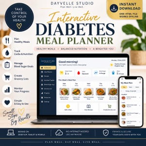 Op de afbeelding: Een interactieve diabetesmaaltijdplanner weergegeven op een laptop- en smartphonescherm. De interface toont een dashboard met maaltijdplannen, voedingsregistratie en bloedsuikerlogboeken. De tekst bevat "Interactive Diabetes Meal Planner" en "Plan Well. Live Well."