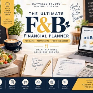 May include: The Ultimate F&B Financial Planner for cafes, restaurants, and food businesses by Dayvelle Studio. This planner includes sections for budget, expense, inventory, and menu planning, displayed with a laptop, calculator, and pen.