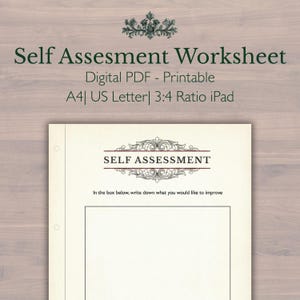 Puede incluir: Una hoja de trabajo de autoevaluación imprimible con el título "Self Assesment Worksheet" en una fuente serif. El documento es de color crema con adornos decorativos y el texto "SELF ASSESSMENT". El documento está diseñado para uso digital y está disponible en formatos A4, US Letter y 3:4.