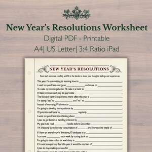 May include: A printable New Year's Resolutions worksheet in PDF format. The document features prompts to encourage reflection on goals and habits. The title is displayed in a decorative font, with the text "New Year's Resolutions Worksheet".