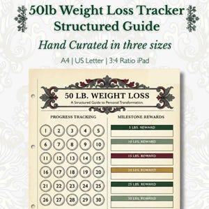 May include: A structured weight loss guide with the text "50lb Weight Loss Tracker". The design includes progress tracking circles and milestone rewards. Available in A4, US Letter, and iPad sizes.