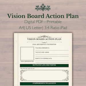 May include: A digital printable vision board action plan. The design features a cream-colored background with green text and decorative elements. The plan includes sections for goals, identity, and visualization, with the text "Vision Board Action Plan".
