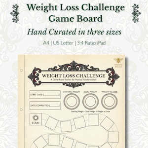 May include: A vintage-style weight loss challenge game board with the text "Weight Loss Challenge" and "Hand Curated in three sizes." The board includes sections for start date, starting weight, goal weight, and weight to lose.