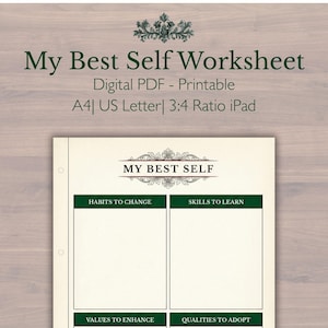 Könnte beinhalten: Ein druckbares digitales PDF-Arbeitsblatt mit dem Titel "My Best Self Worksheet". Das Design zeigt cremefarbenes Papier mit dekorativem Rand und Abschnitten für Gewohnheiten, Fähigkeiten, Werte und Eigenschaften zur Selbstverbesserung.