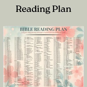 Può includere: Piano di lettura della Bibbia stampabile con il testo "Printable Bible Reading Plan" in alto. Il piano include il testo "BIBLE READING PLAN A year-long journey through scripture in chronological order". Lo sfondo ha un design floreale.