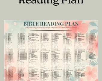 May include: Printable Bible Reading Plan with the text "Printable Bible Reading Plan" at the top. The plan includes the text "BIBLE READING PLAN A year-long journey through scripture in chronological order". The background has a floral design.