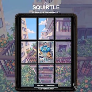 May include: A black zippered binder case displaying a nine-panel grid of extended artwork featuring a blue character in a pool on a balcony. The text SQUIRTLE INSPIRED EXTENDED ART is at the top, and INSTANT DOWNLOAD CARD NOT INCLUDED is at the bottom.