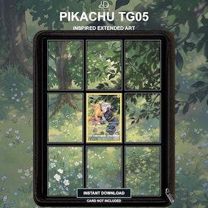 Peut inclure: Un classeur noir avec une grille de neuf pochettes affichant une illustration étendue inspirée de Pikachu TG05. La pochette centrale montre Pikachu et un dresseur. Le texte indique PIKACHU TG05 INSPIRED EXTENDED ART, INSTANT DOWNLOAD, CARD NOT INCLUDED.