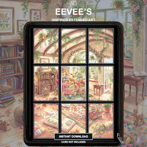 Op de afbeelding: Een zwarte map met ritssluiting met een raster van negen panelen van Eevee-geïnspireerde uitgebreide kunst. Het kunstwerk toont een gezellige kamer vol boeken, planten en bloemen. De tekst bovenaan luidt EEVEE'S INSPIRED EXTENDED ART en INSTANT DOWNLOAD.