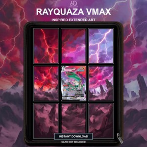 Pode incluir: Um fichário preto contendo nove cartões com arte estendida inspirada em Rayquaza VMAX. Os cartões exibem uma cena contínua de relâmpagos vermelhos e roxos sobre uma paisagem rochosa escura. Texto: RAYQUAZA VMAX, INSTANT DOWNLOAD, CARD NOT INCLUDED.