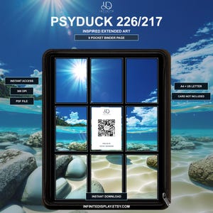 Könnte beinhalten: Eine 9-Taschen-Ordnerseite mit erweiterter Kunst einer sonnigen Strandszene mit blauem Wasser und Felsen. Die mittlere Tasche zeigt eine weiße Karte mit einem QR-Code und dem Text 'FIND US ON TIKTOK + INSTAGRAM'. Die Seite enthält den Text 'PSYDUCK 226/217', 'INSPIRED EXTENDED ART', 'INSTANT ACCESS', '300 DPI', 'PDF FILE', 'A4 + US LETTER', 'CARD NOT INCLUDED', 'INSTANT DOWNLOAD' und 'INFINITEDISPLAY.ETSY.COM'.