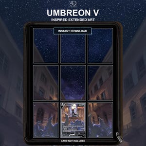 Könnte beinhalten: Ein digitaler Kunstdruck mit dem Titel UMBREON V INSPIRED EXTENDED ART, der ein Raster aus neun Feldern mit einem sternenklaren Nachthimmel über einer Stadtstraße zeigt, inklusive einer Sammelkartenillustration. Text INSTANT DOWNLOAD.