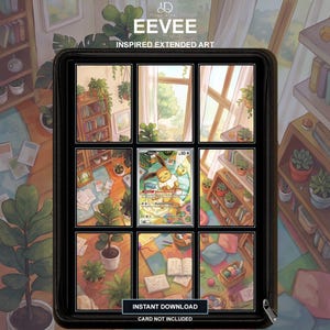 May include: A black zippered binder containing a nine-panel grid of Eevee inspired extended art. The center panel features a trading card with the text EEVEE, INSPIRED EXTENDED ART, and INSTANT DOWNLOAD, CARD NOT INCLUDED printed on the display.