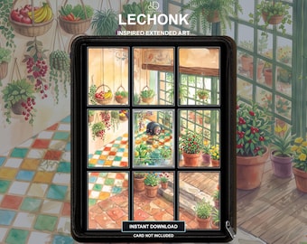 May include: A black zippered binder displaying a nine-panel grid of Lechonk inspired extended art. The artwork features a greenhouse setting with hanging baskets, potted plants, and a colorful tiled floor. Text reads LECHONK INSPIRED EXTENDED ART.