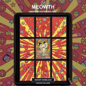 May include: A black binder containing nine rectangular cards with a red background featuring yellow sunburst lines and colorful icons of flowers, stars, and shapes. The center card displays a Meowth character illustration with the text MEOWTH.